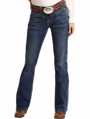Rock & Roll Cowgirl "Riding Jean" Low Rise Bootcut Blue | Women's Size 25